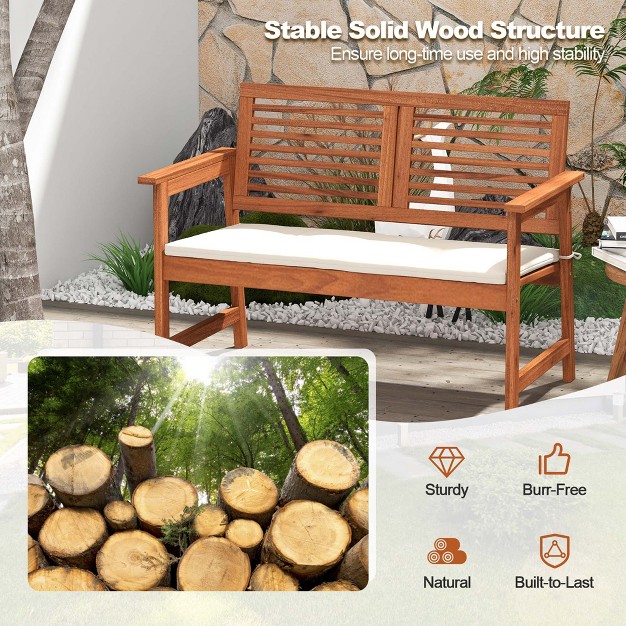 Costway Patio Bench Outdoor Solid Wood Loveseat Chair With Backrest amp Cushion Porch Garden