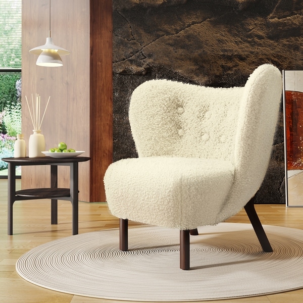 Modern Accent Chair with Lambskin Sherpa Wingback Tufted Side， Solid Wood Legs