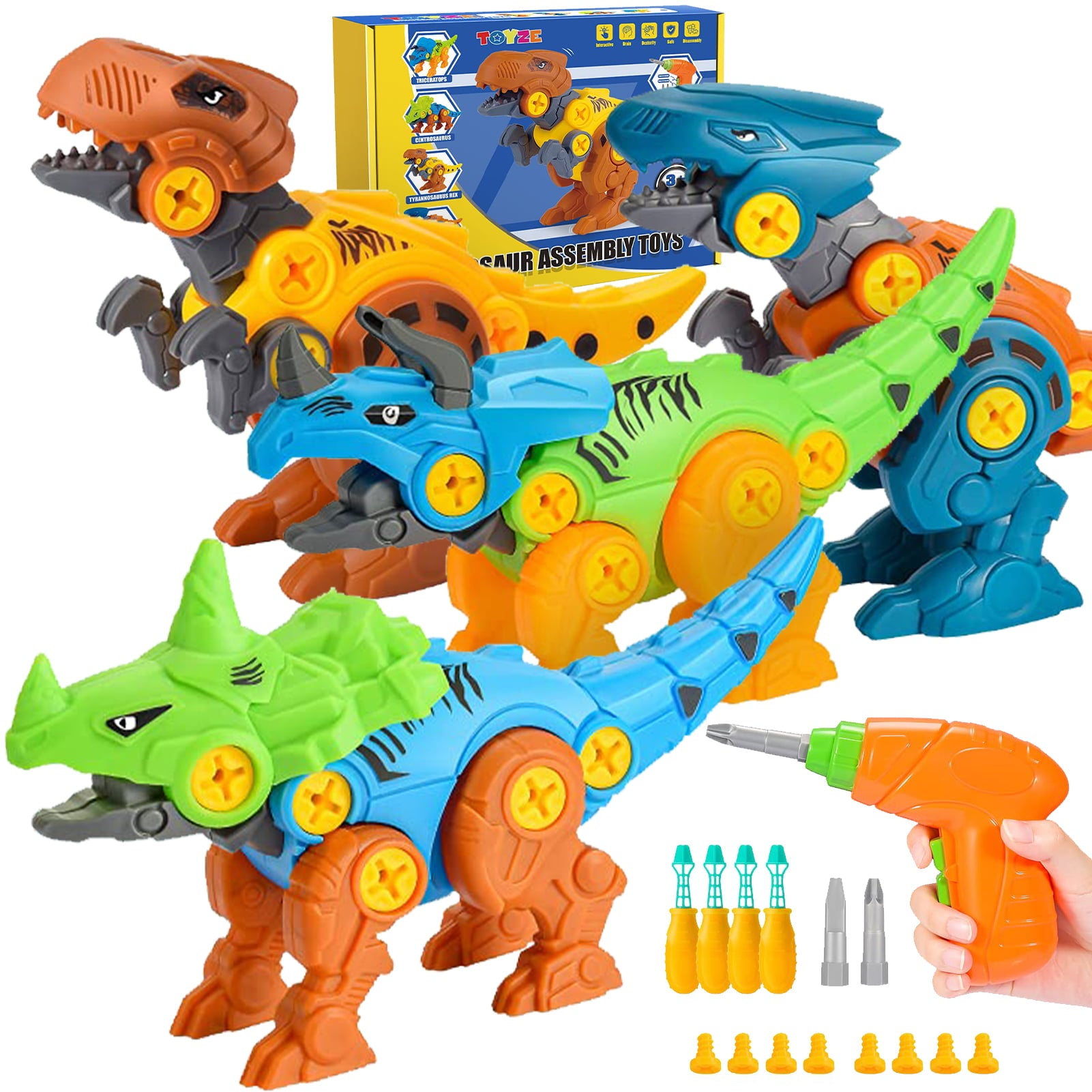 Take Apart Dinosaur Toys for 3 4 5 6 Year Old Boys， Electric Drill Tool Dinosaurs Construction Building Toys for Kids Age 3-7