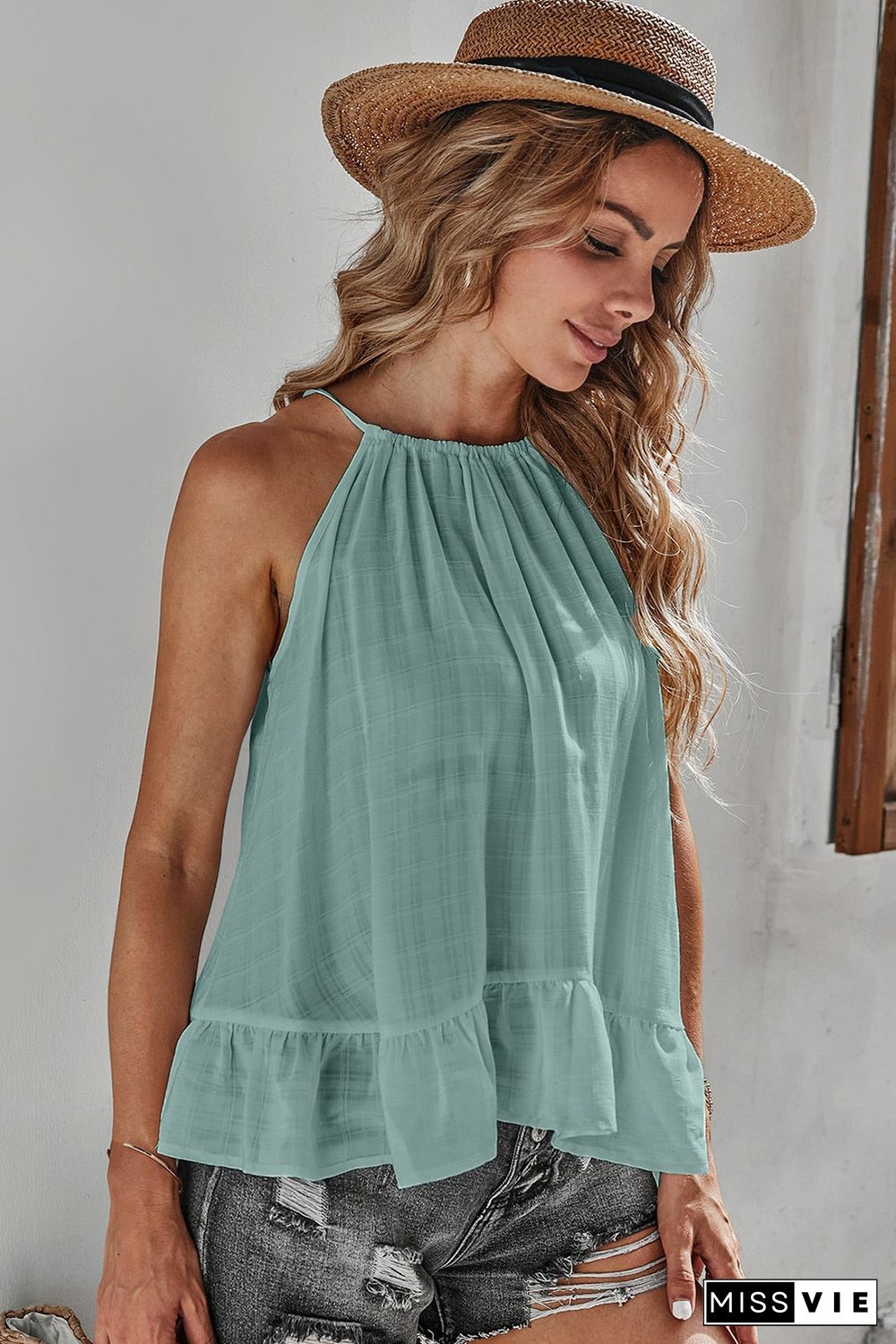 Green Lightweight Ruffle Hem Halter Tank Top