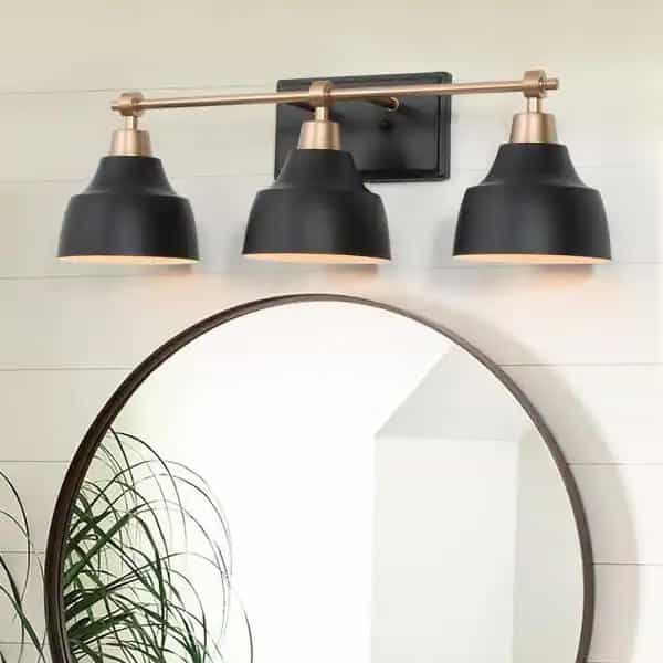 LNC NMUNR2HD1406067 Modern Black Bathroom Vanity Light with Gold Arm， 24.5 in. 3-Light Metal Bell Bath Wall Sconce for Arched/Round Mirror