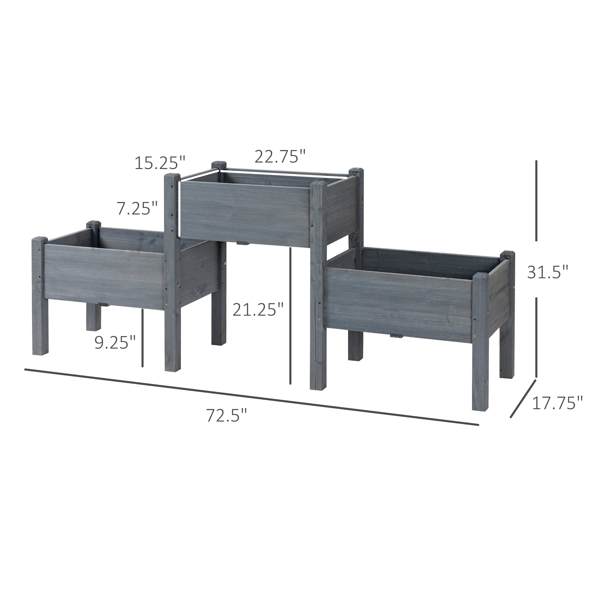 Outsunny Raised Garden Bed with 3 Planter Box, Freestanding Wooden Plant Stand with Drainage Holes, for Vegetables, Herb and Flowers, Gray