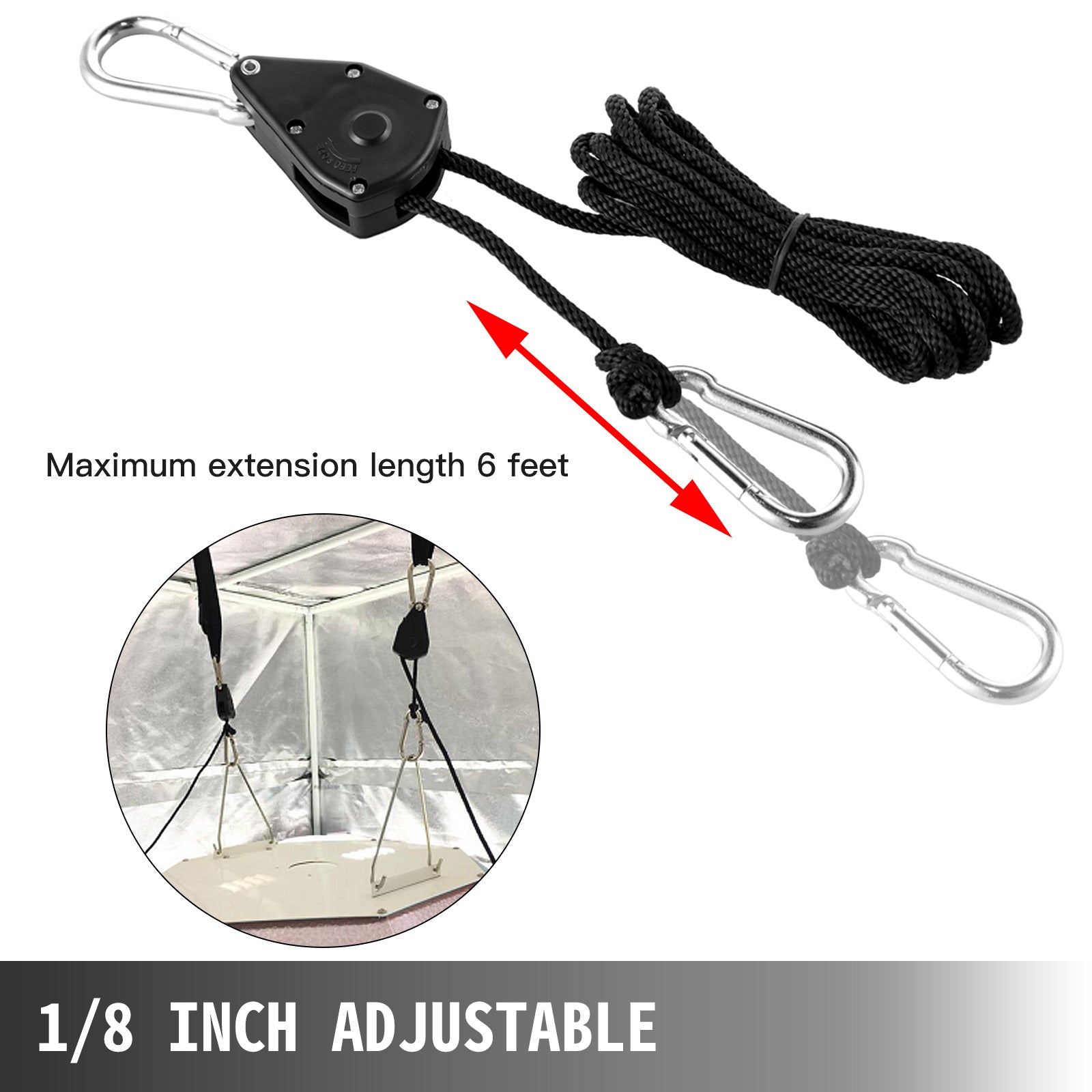 VEVOR Grow Light Rope 12Pair, Heavy Duty Adjustable Rope Clip Hanger 1/8 Inch, Grow Light Rope Hanger 6-Feet Long, Adjustable Rope Ratchet Hangers 150 Lbs, Each Pair Used with Grow Light, Grow Bags