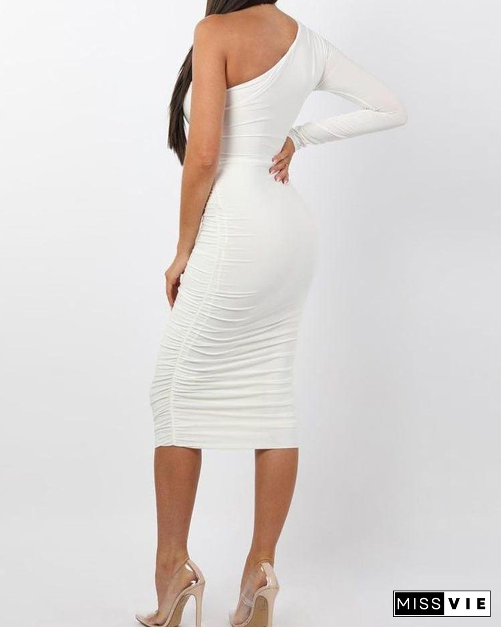 One Shoulder Ruched Design Bodycon Dress White Dresses