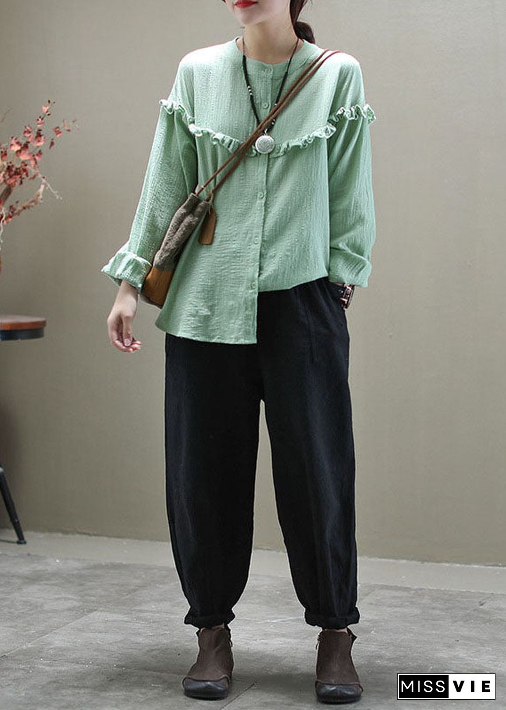 Casual Green Ruffled Button Patchwork Cotton Blouse Tops Long Sleeve