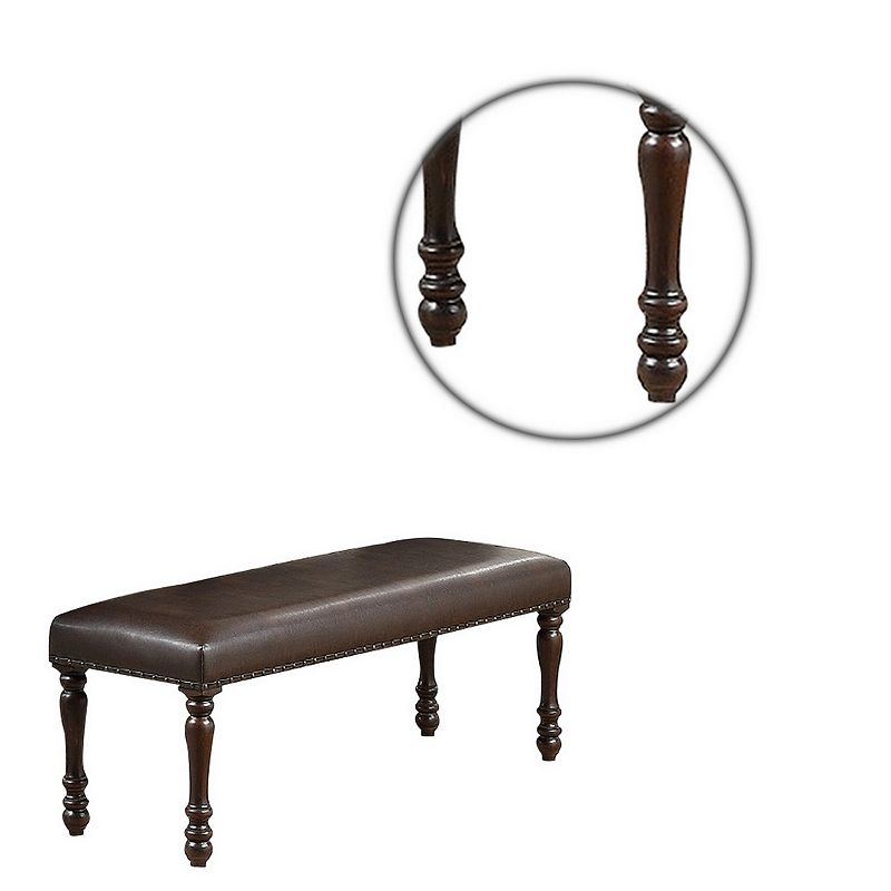 Nailhead Trim Faux Leather Dining Bench with Turned Legs， Brown