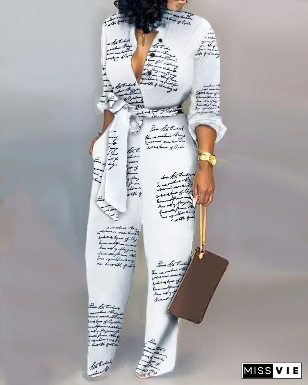 Letter Print Casual Knotted Jumpsuit