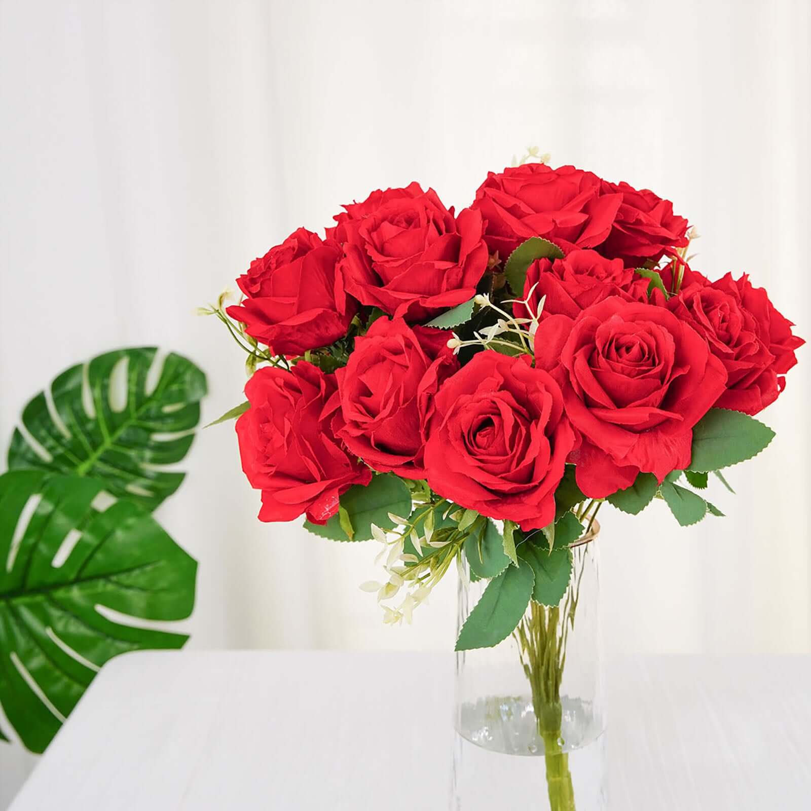 2 Bushes Red Artificial Silk Rose Flower Arrangements, Real Touch Long Stem Flower Bouquet 18