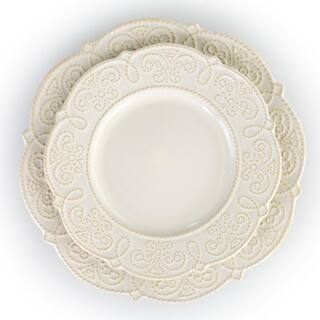 Elama 16-Piece Luna Embossed Scalloped White Stoneware Dinnerware Set (Service for 4) 985114761M