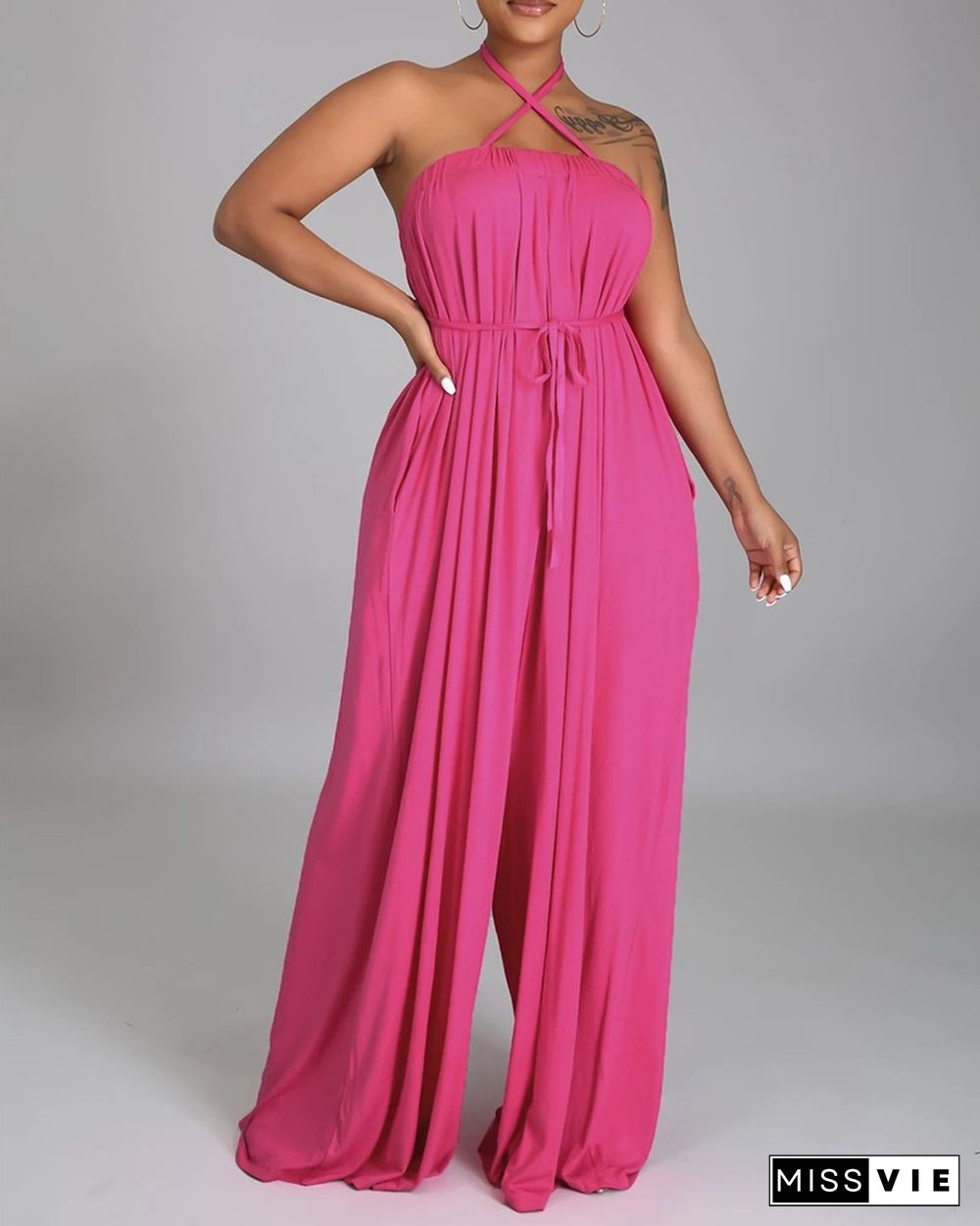 Solid Color Sleeveless Pocket Self Tie Wide Leg Jumpsuit