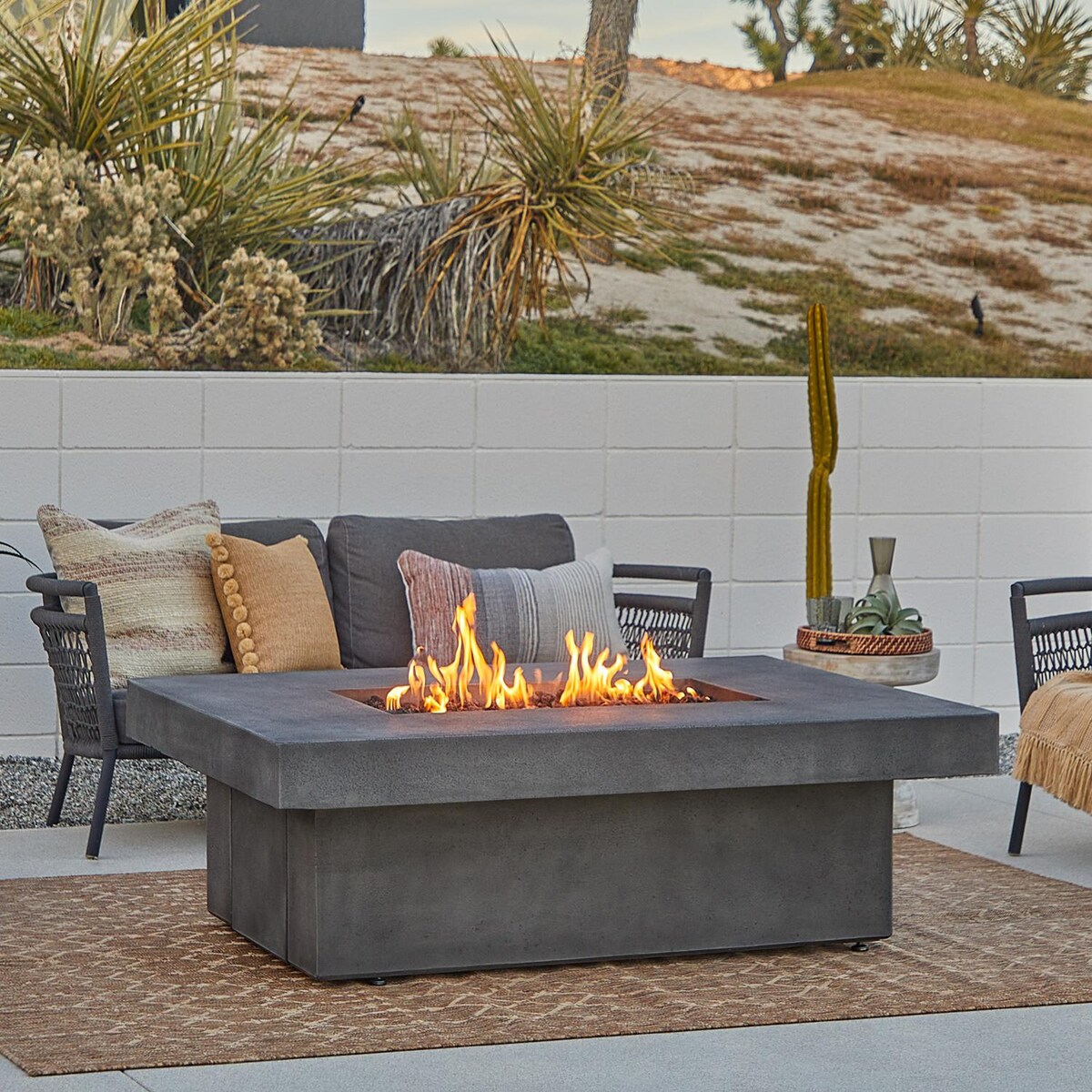 Signature Geneva 60 Inch Rectangle Concrete Propane Fire Pit Table With Hidden Tank in Smoke