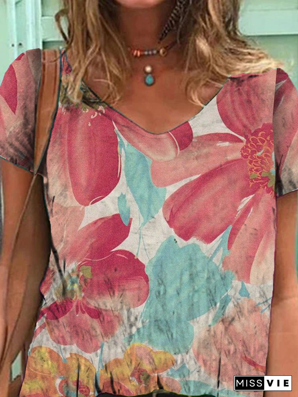 Romantic Floral Cotton-Blend Holiday V Neck T-shirt