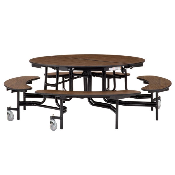 National Public Seating MTR60B-PWTMPC 60andquot; Round Mobile Plywood Cafeteria Table with Powder Coated Frame， T-Molding Edge， and 4 Benches