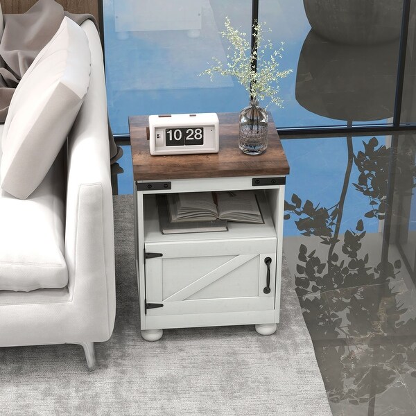 HOMCOM Small Side Table with Storage，Farmhouse End Table with Open Shelf and Cupboard，Modern Sofa Table with Wood Legs