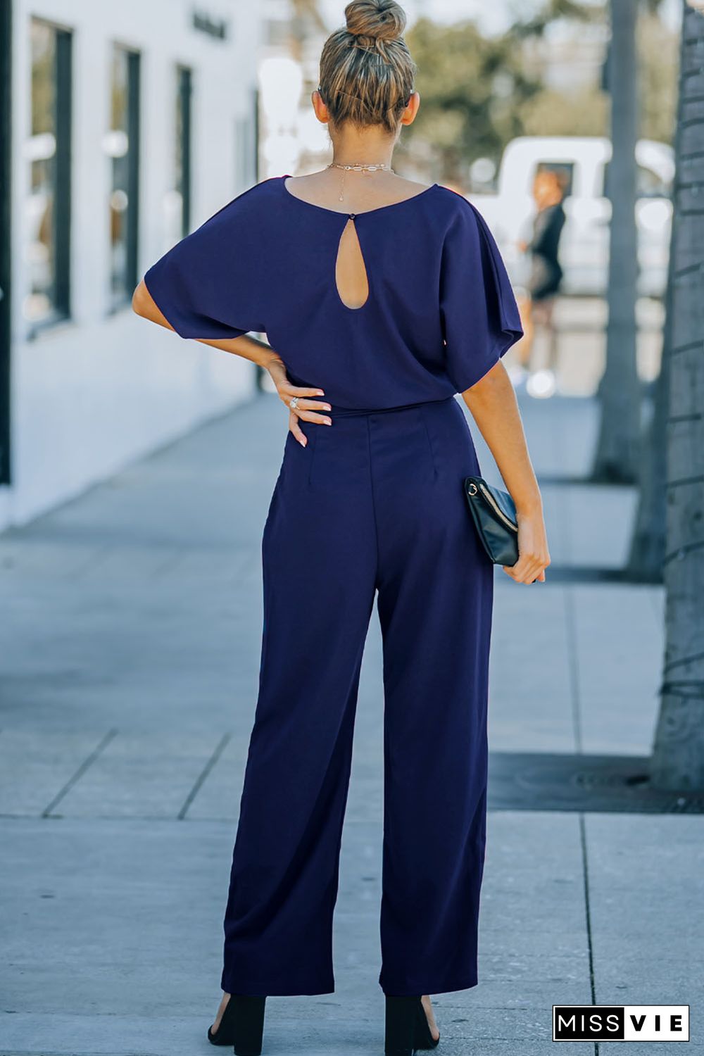 Blue Belted Wide Leg Jumpsuit