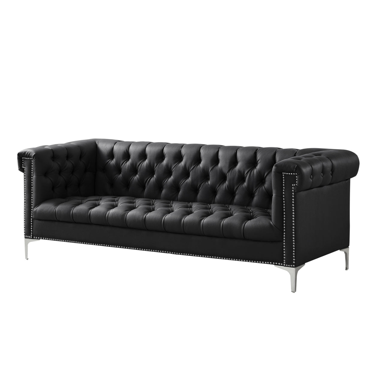 Steffi Leather Chesterfield Sofa-Silver Metal Legs-Button Tufted-Nailhead Trim-Modern-Livingroom-Inspired Home