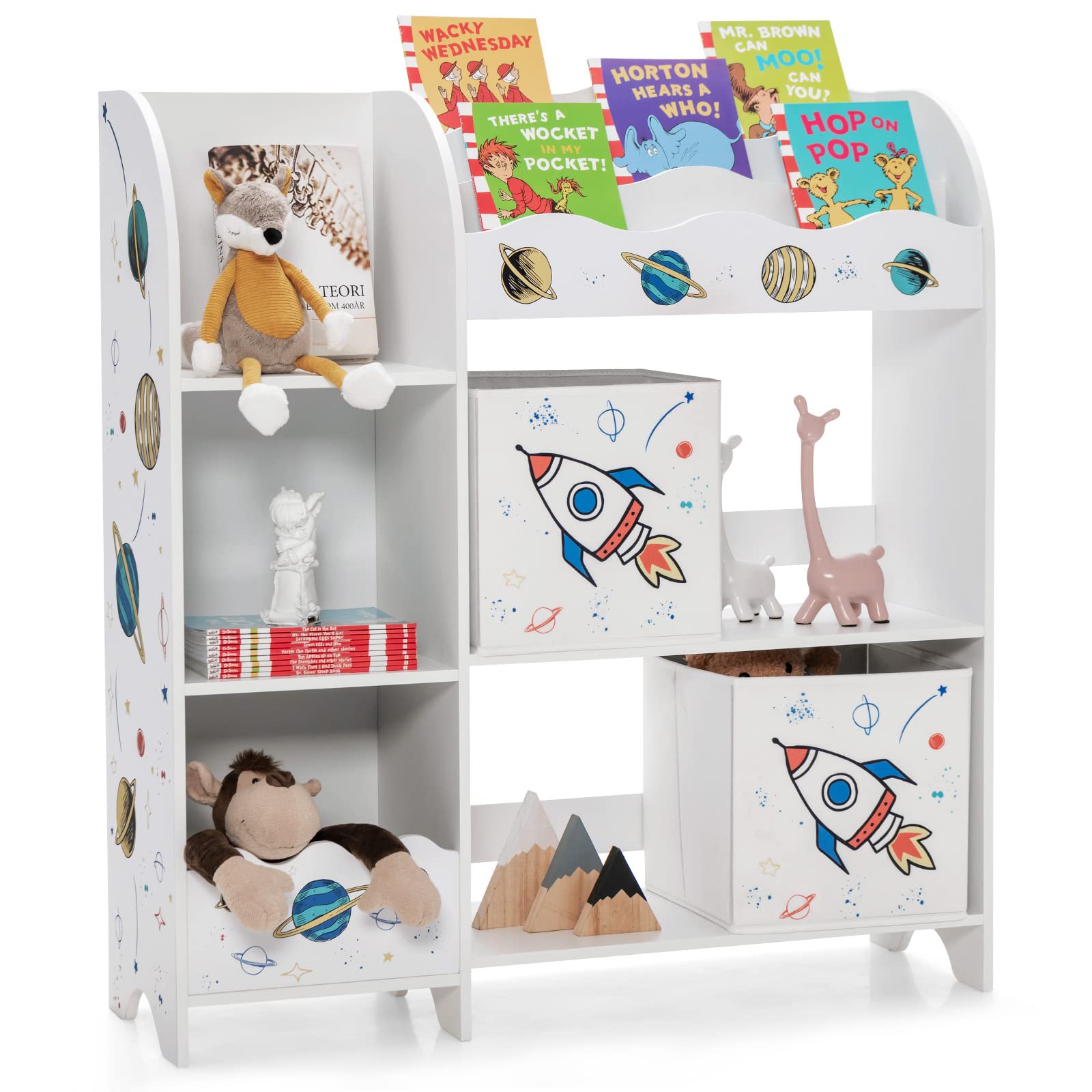 Costzon Toy and Book Organizer for Kids, Wooden Storage Display Cabinet Bookshelf