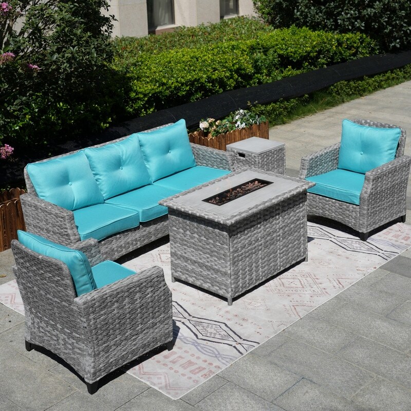 5 Piece Patio Wicker Sofa Set with Firepit Table and Rain cover