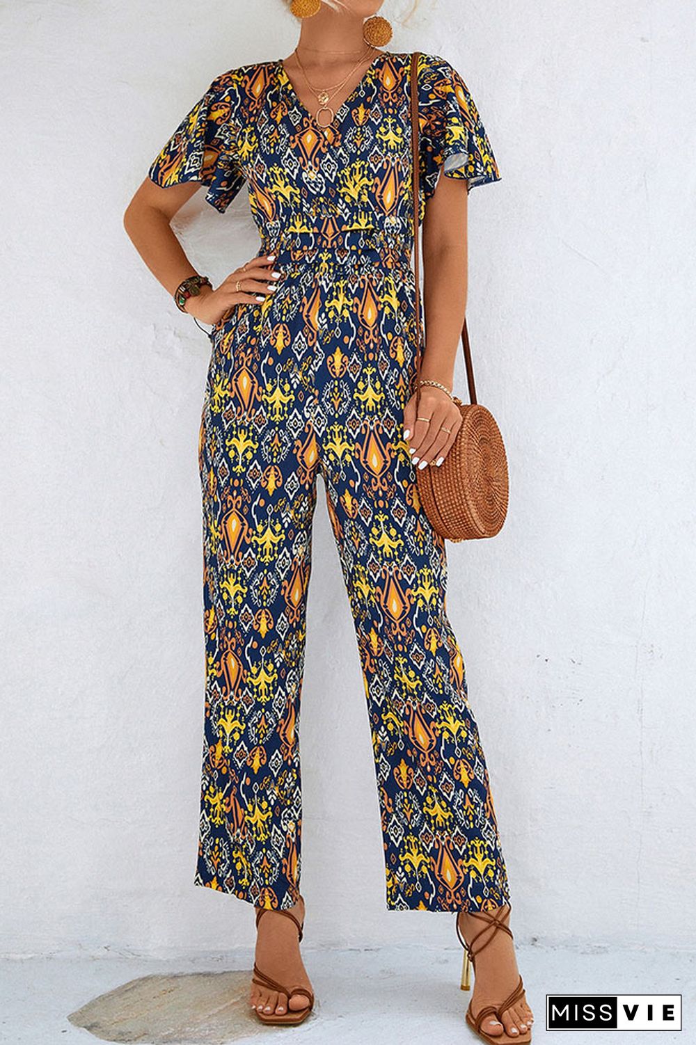 V Neck High Wasit Printed Jumpsuit