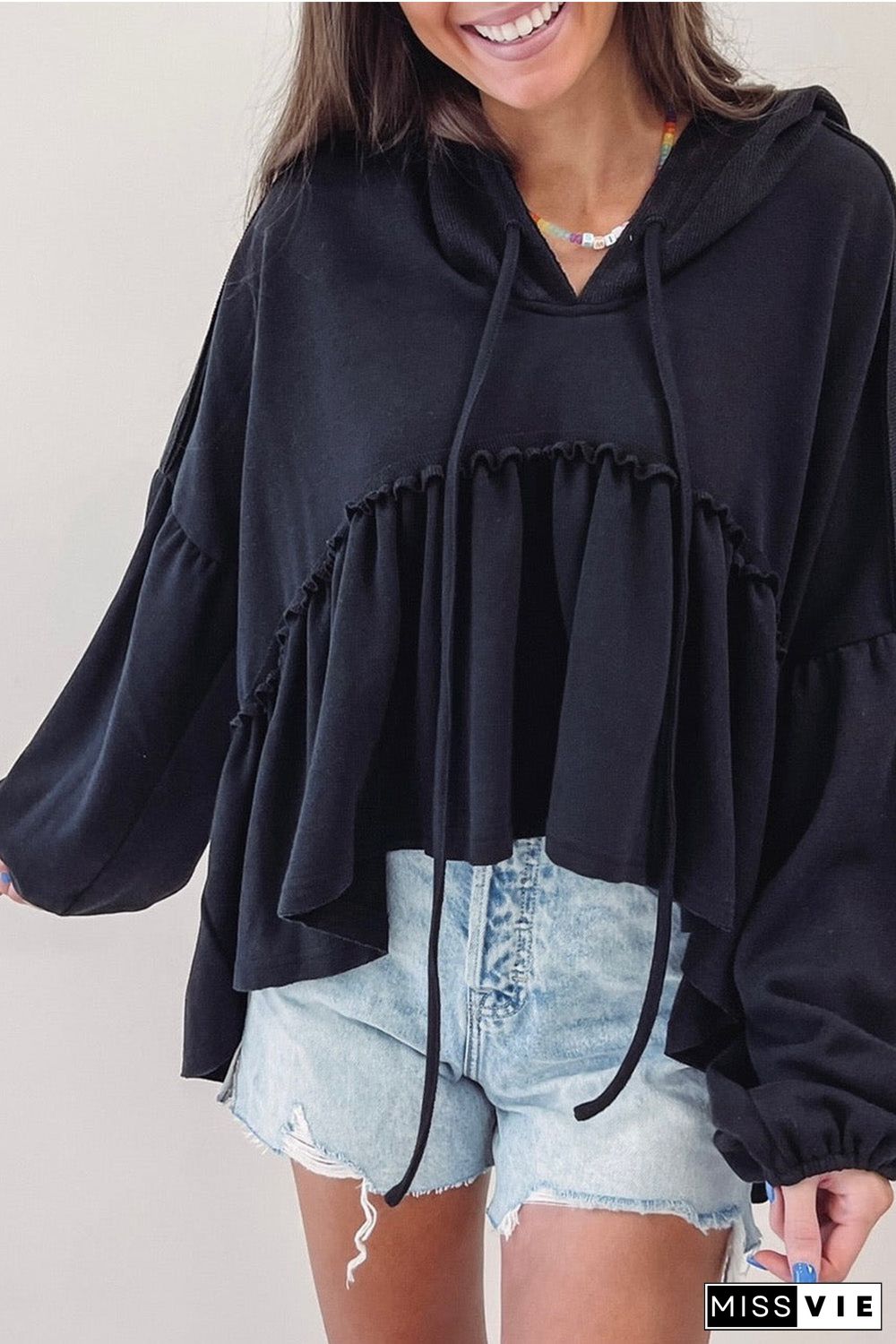 Black Oversized Ruffled High Low Hem Drop Shoulder Hoodie