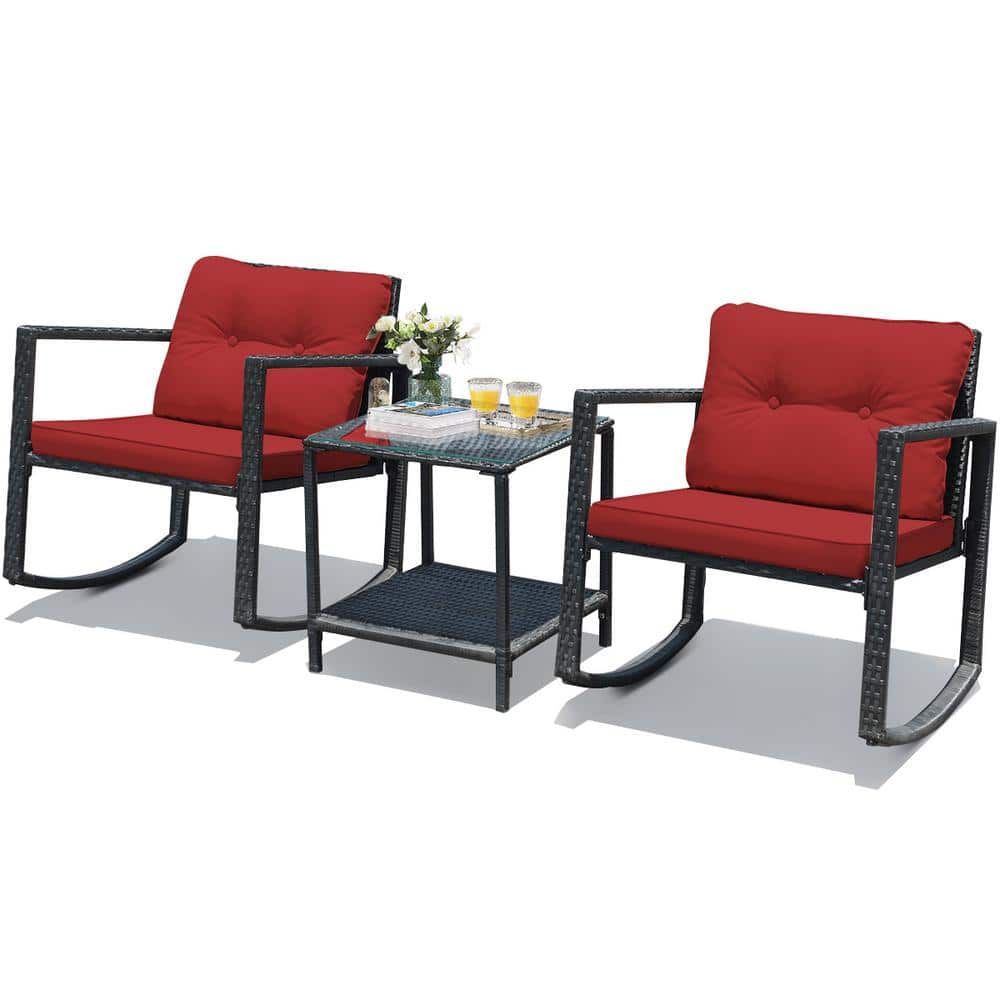 Costway Black 3-Piece Rattan Wicker Patio Conversation Set Rocking Chairs With Red Cushions HW62861RE