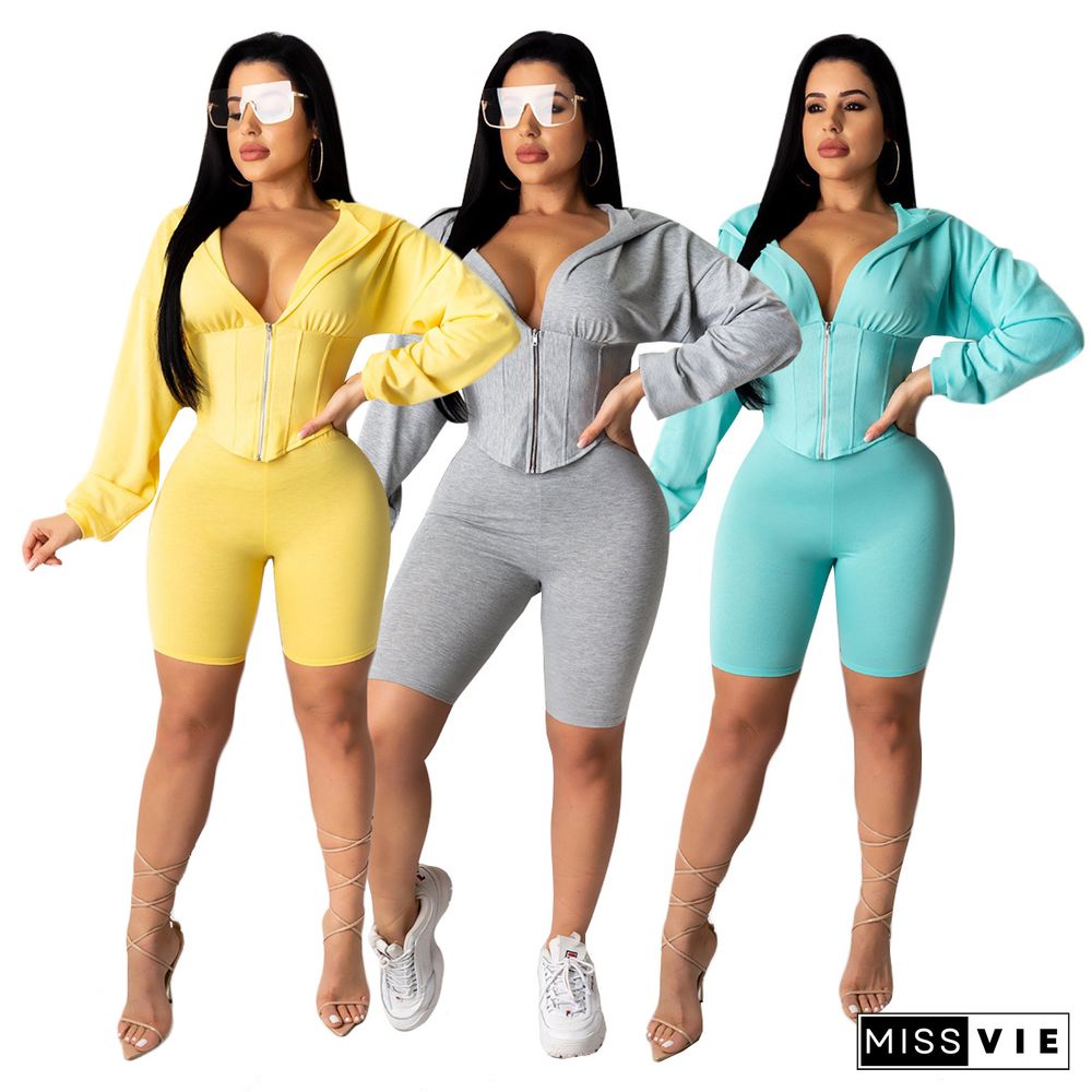 New Women Zipper Long Sleeves Hoodies With Bodycon Shorts 2 Pieces