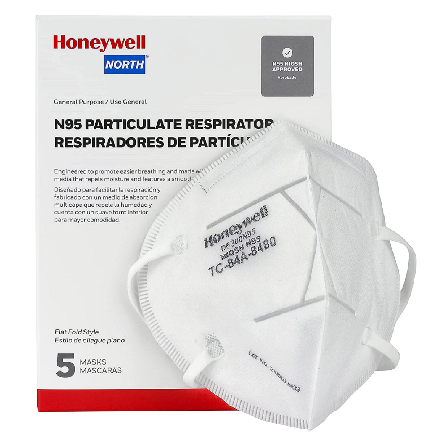 Honeywell North N95 General Purpose Flat Fold Disposable Respirator DF300 White One Size Fits All 5