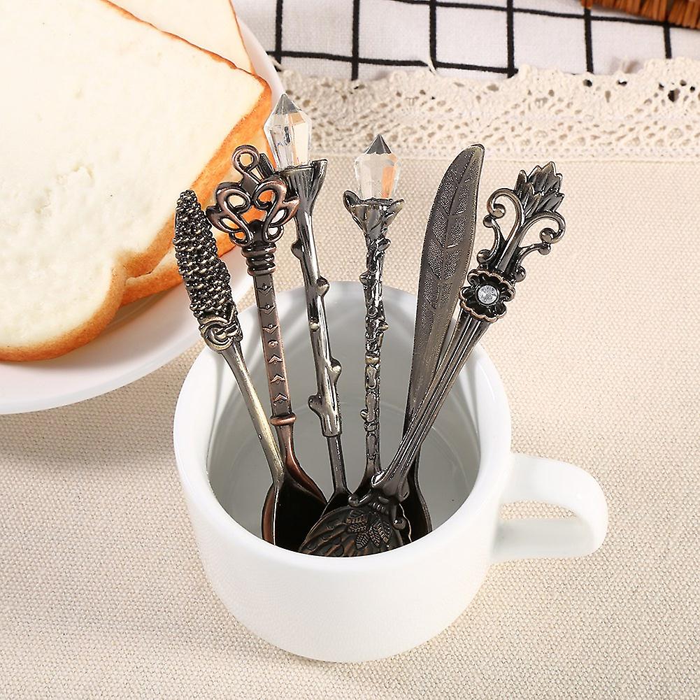 6Pcs/Set Retro Royal Style Mini Coffee Spoons and Fork Kitchen Fruit Dinnerware Antique Brass