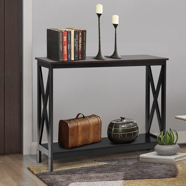 2 Tier Console Table X Design Accent Table with Storage Shelf