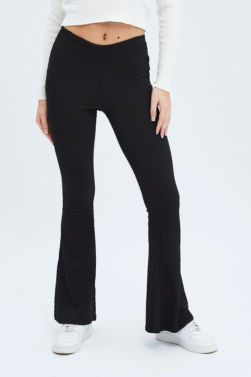 Black Flare Leg Pants Textured Jersey