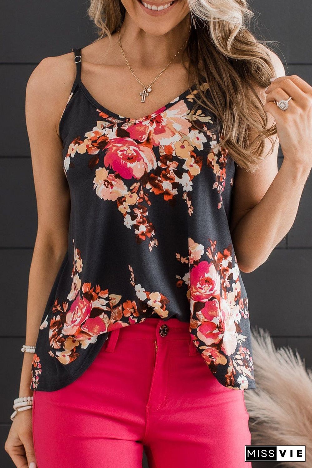 Black Floral Print Adjustable Spaghetti Strap V Neck Tank Top