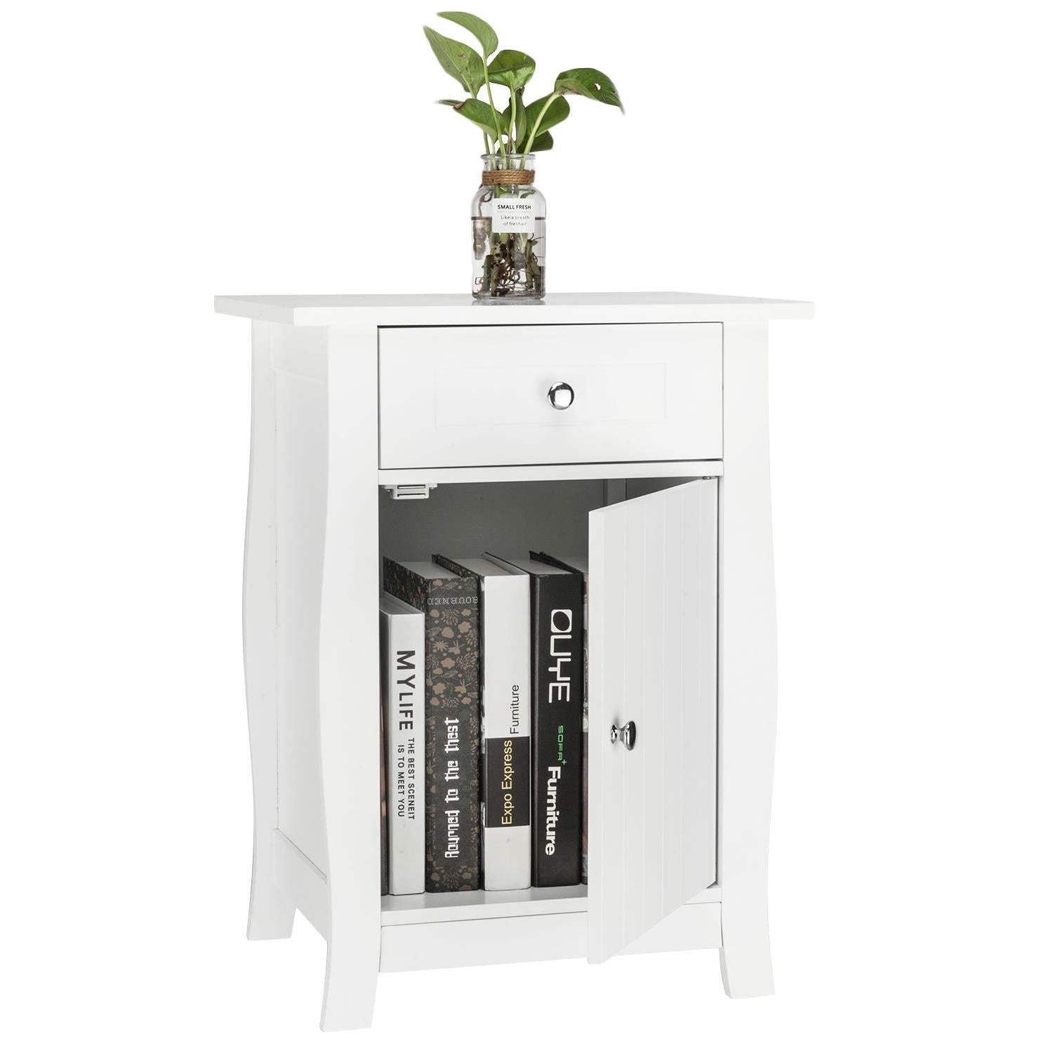 Zimtown  White Nightstand, End Table with Storage Cabinet and Drawer, Wooden Bedside Table, Large Capacity, Easy to Assemble