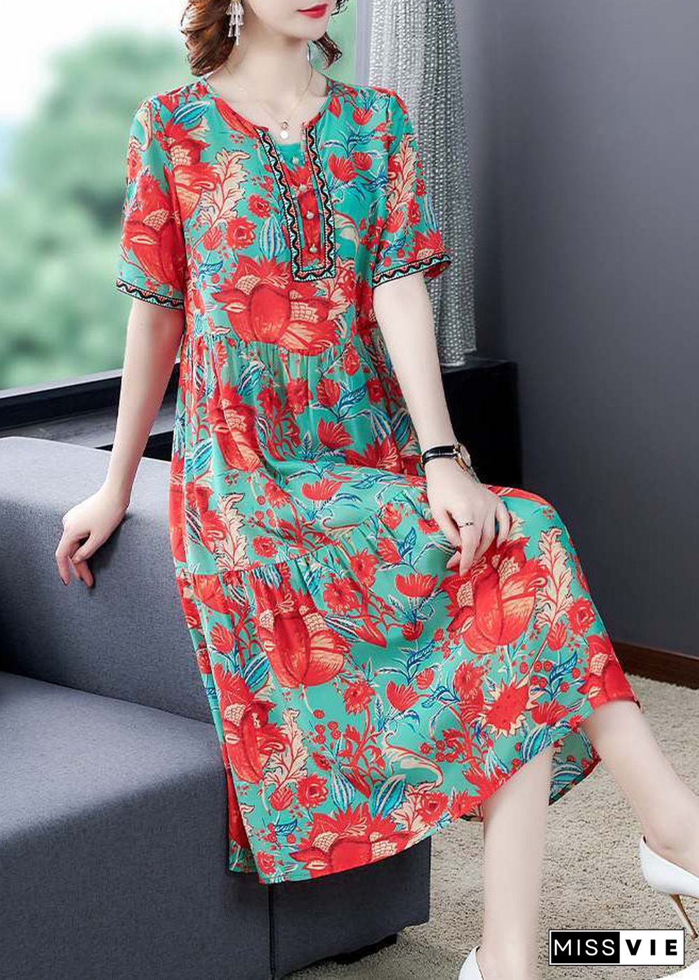 Beautiful Red O-Neck Print Silk Party Dress Summer