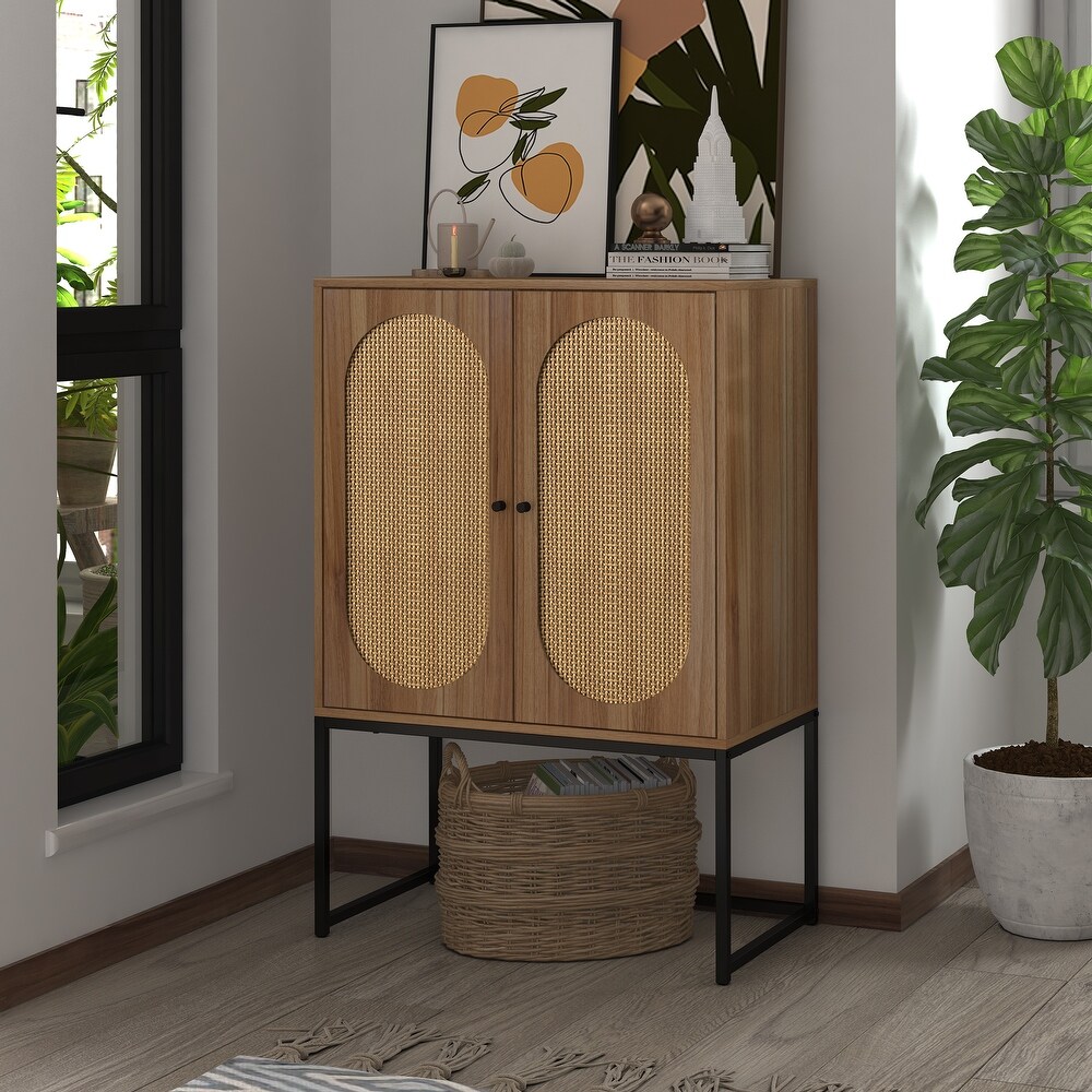 Natural Rattan 2 Door high cabinet，Built in adjustable shelf，Easy Assembly，Free Standing Cabinet for Living Room Bedroom