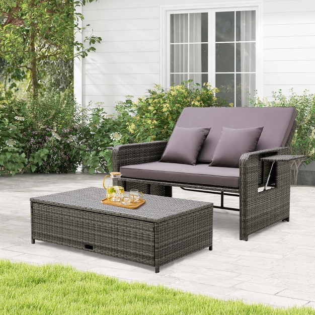 Costway Patio Rattan Daybed Set Wicker Loveseat Sofa With Ottoman amp Retractable Side Tray