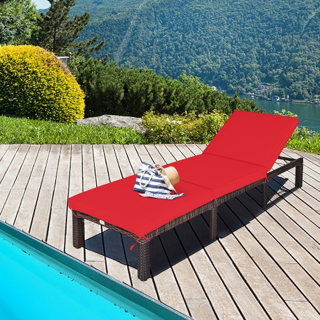 Tangkula Outdoor Rattan Chaise Lounge Chair Adjustable Backrest Recliner With Red Cushions