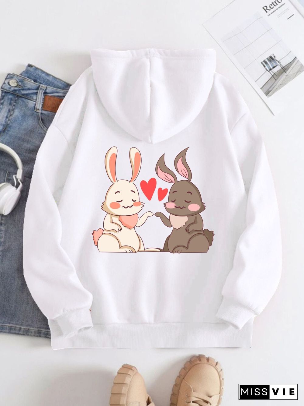 Printed on the Back Kangaroo Pocket Hoodie Long Sleeve for Women Pattern Rabbit in Love