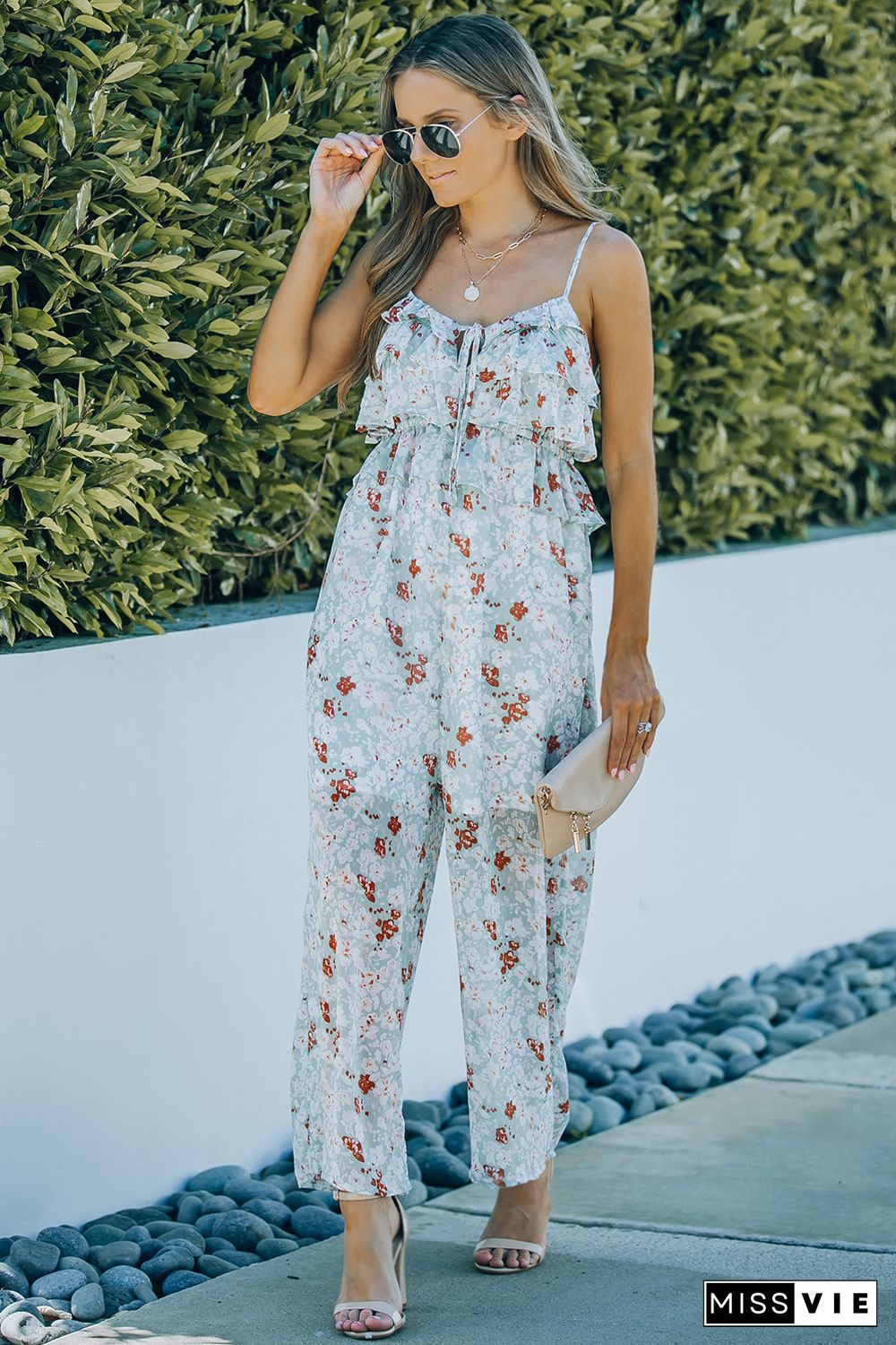 Floral Print Spaghetti Strap Ruffled Wide Leg Jumpsuit