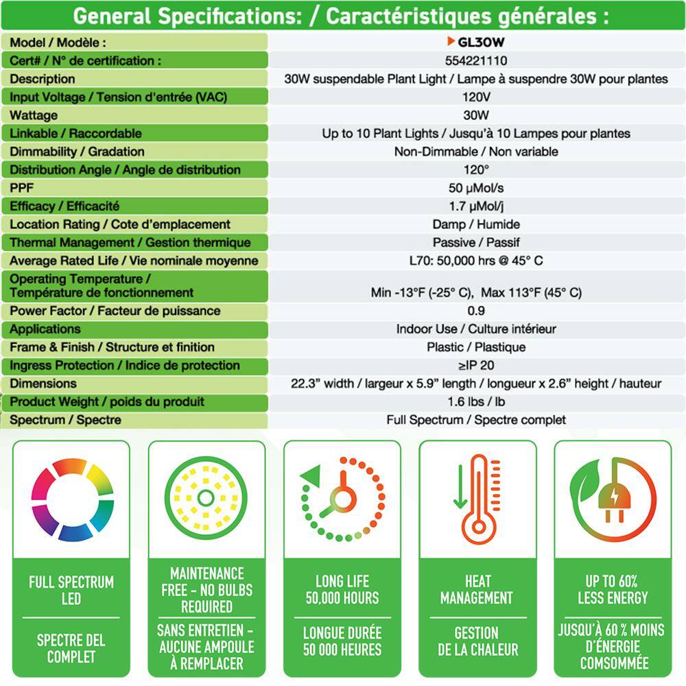 ETi GrowElite GL30W Suspendable LED Plant Grow Light Full Spectrum Linkable Indoor Gardening Soft White 554221110