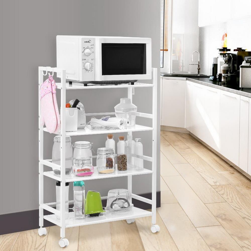 4-Shelf Wire Mesh Rolling Cart Serving Kitchen Cart， White