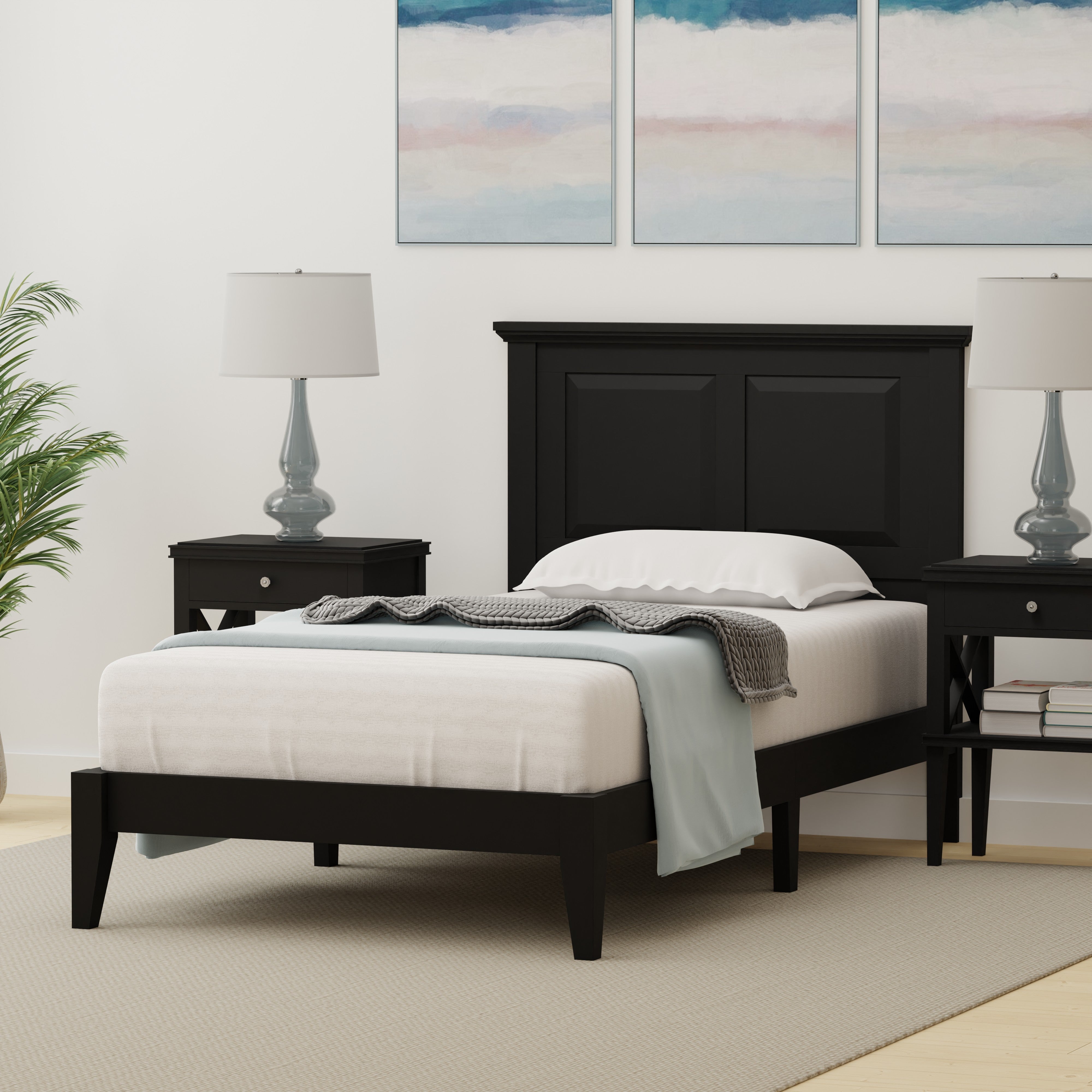 Cottage Style Solid Wood Platform Bed in Twin - Ebony (Black)