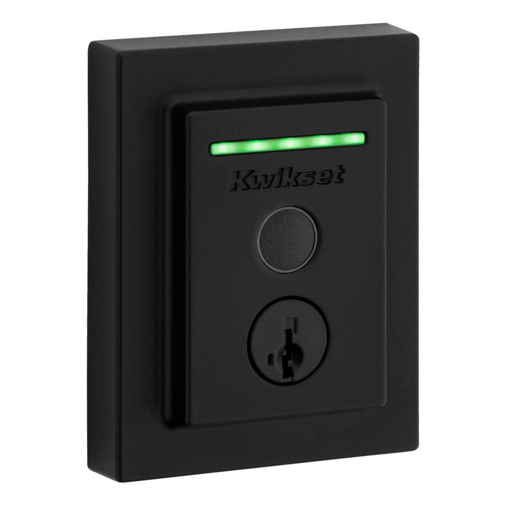 Kwikset Halo Touch Matte Black Contemporary Fingerprint WiFi Elec Smart Lock Deadbolt Feat SmartKey Security and Halifax Lever 959514HFLSQT514