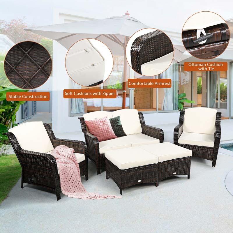 5 Pcs Rattan Wicker Patio Furniture Set with Loveseat, Single Sofas & Ottomans, Outdoor Conversation Sets