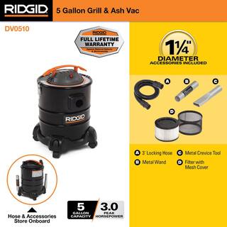 RIDGID 5 Gallon 3.0 Peak HP CoolDry Ash Canister Shop Vacuum HEPA Media Filter Hose and Accessories DV0510