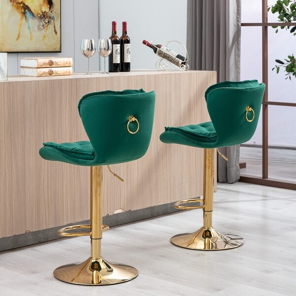 Modern Bar Stools with Chrome Footrest and Base Swivel Height Adjustable Mechanical Lifting Velvet， Golden Leg， Set of 2