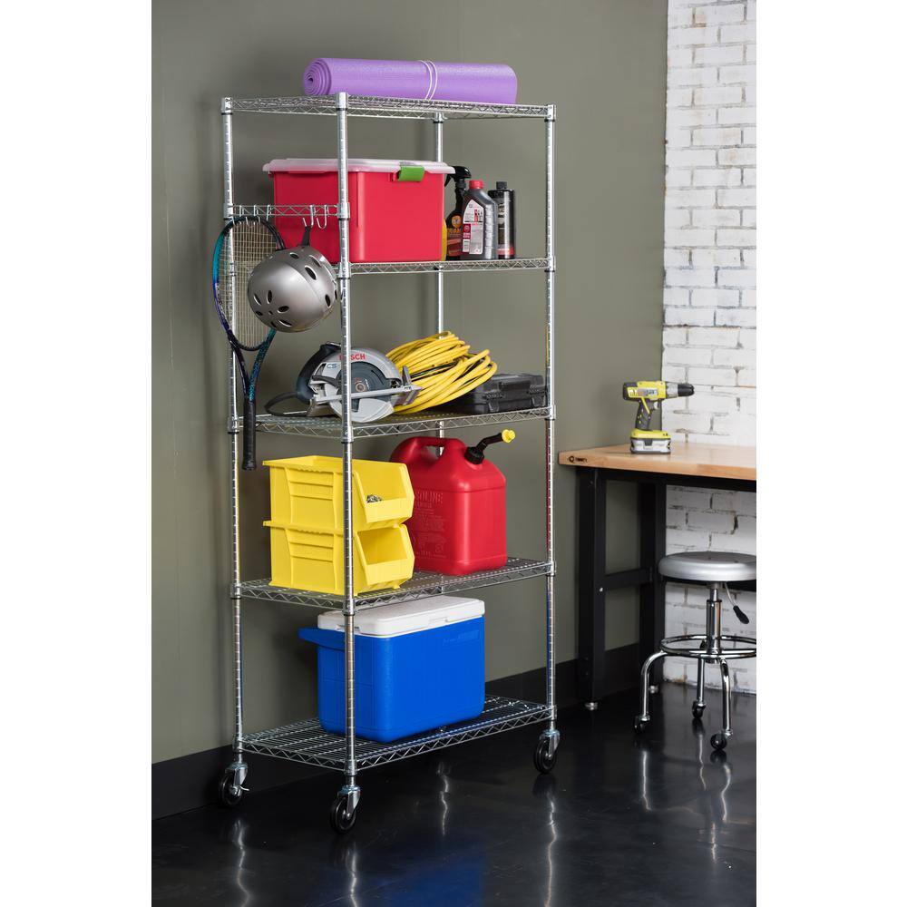 TRINITY EcoStorage Chrome 5-Tier Rolling Steel Wire Shelving Unit (36 in. W x 77 in. H x 18 in. D) TBFZ-0906