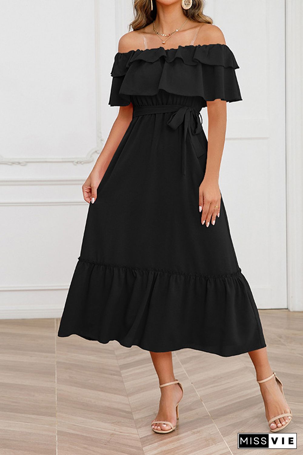 Plain Off Shoulder Ruffles Maxi Dress With Sash