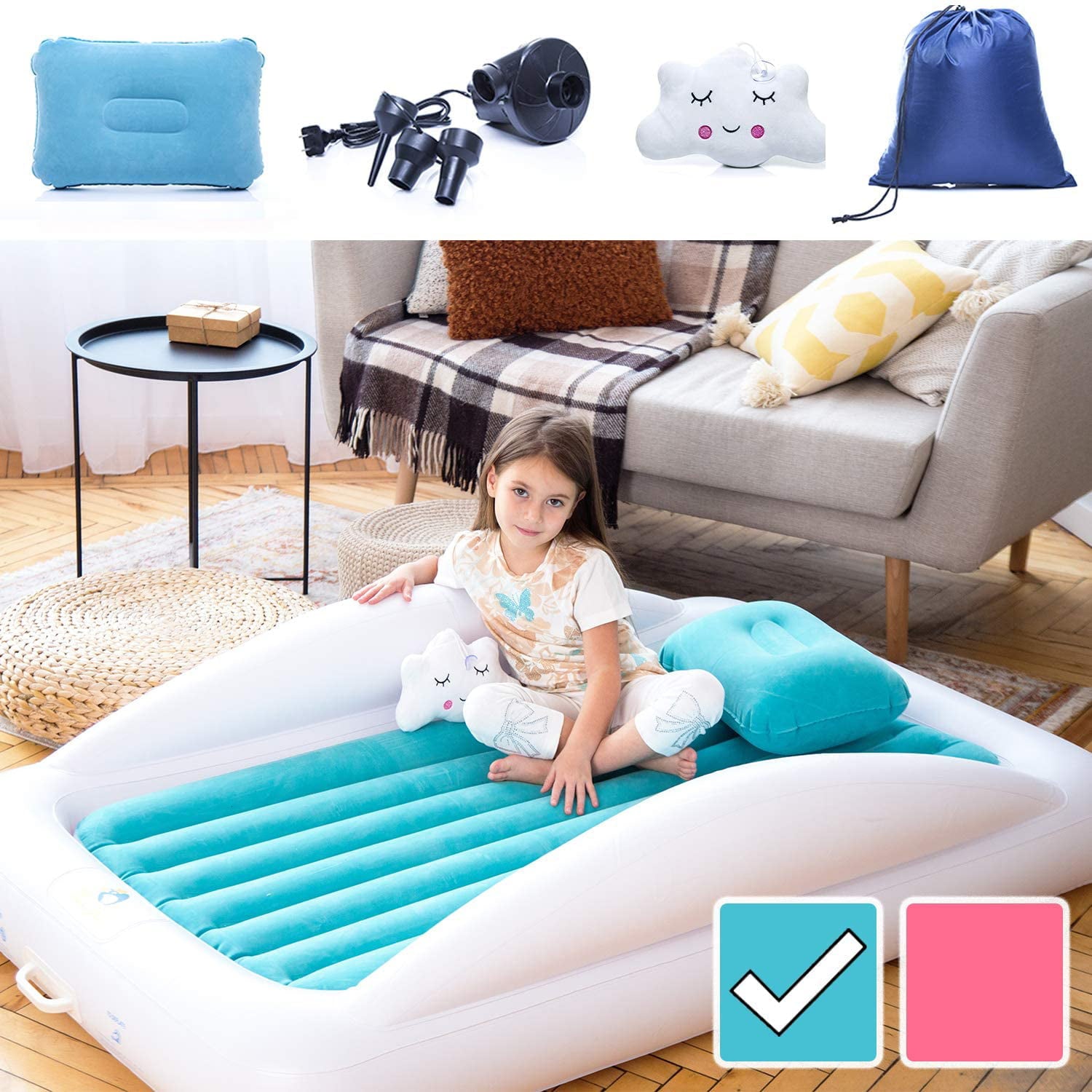 Sleepah Inflatable Toddler Travel Bed Inflatable and Portable Air Mattress Blow up Bed Bed Rails Twin