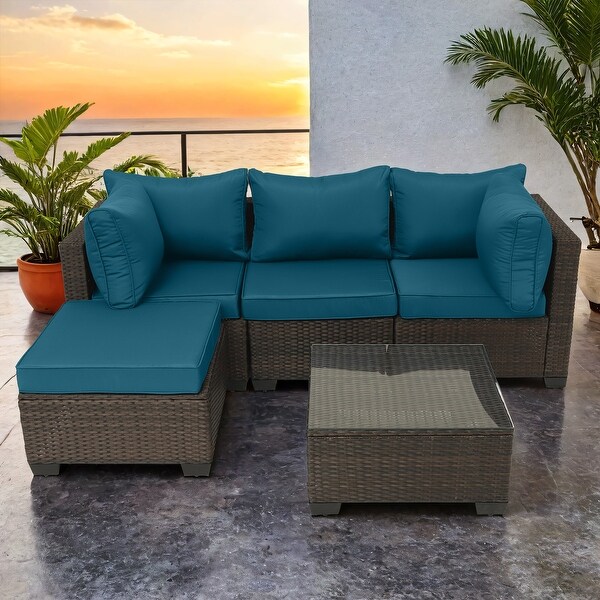 5Piece HandWoven PE Wicker Outdoor Patio Sectional Sofa Set with Cushions and Coffee Table