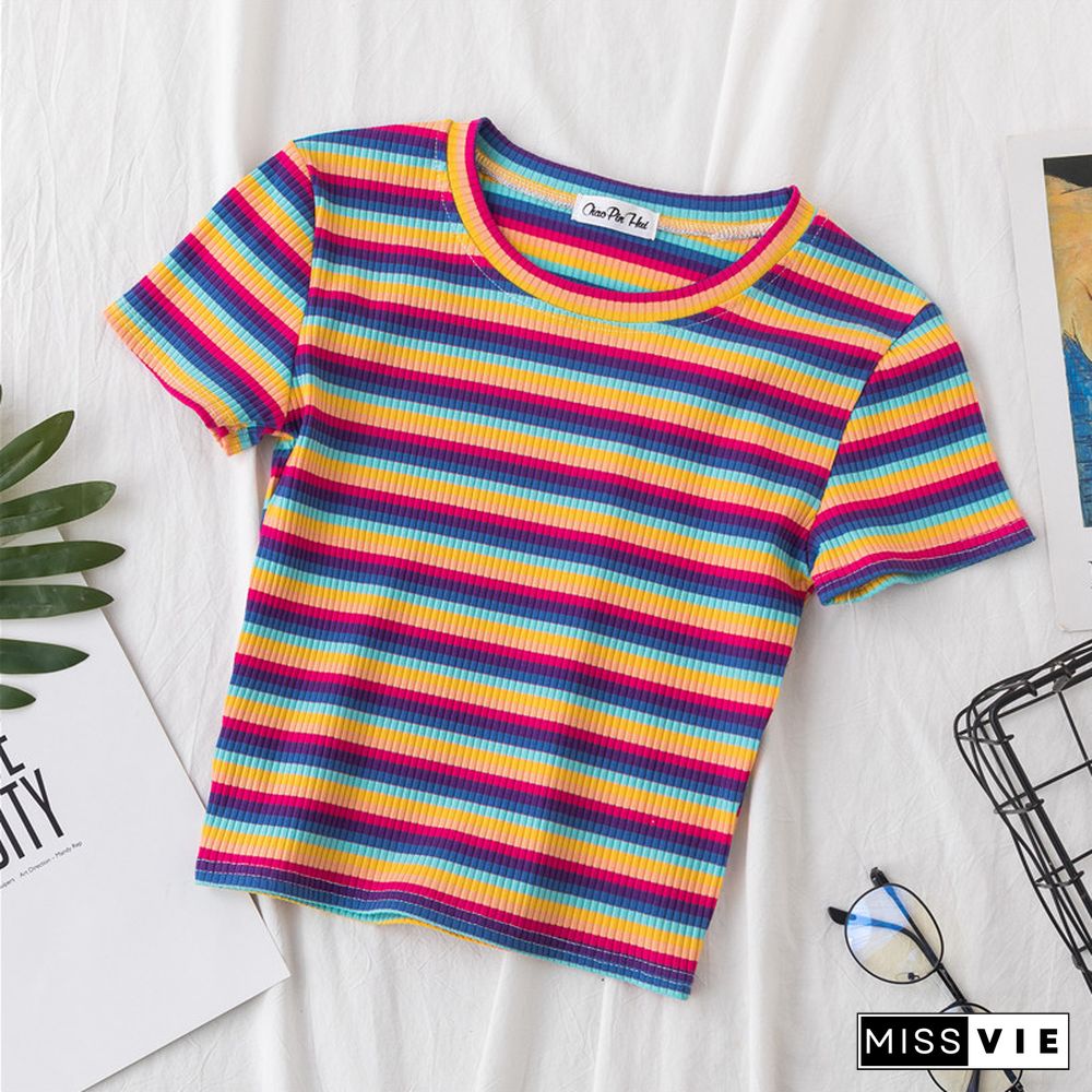 New T Shirt Women Rainbow Striped Tops Slim Fit T Shirt Harajuku Tshirt Summer Short Sleeve Korean T-shirt Feminina Clothes Tops